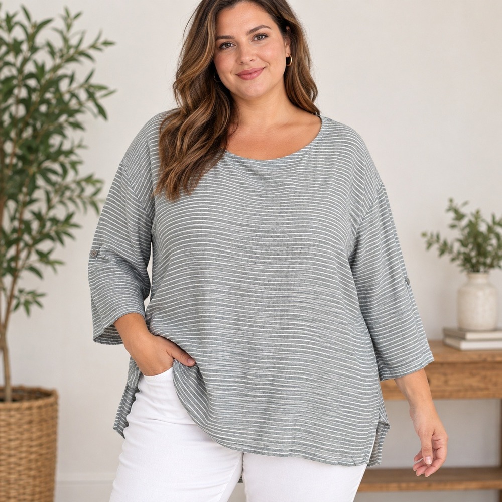 Adrienne Vittadini 100% Linen Striped Roll Tab Sleeve Top Sage Green 2X
